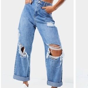 PrettyLittleThing Jeans Blue Boyfriend Distressed Ripped Open Knee Trendy NWT
